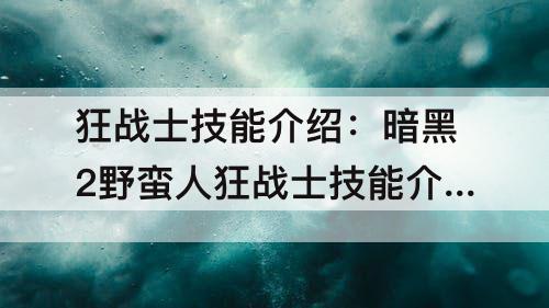 狂战士技能介绍：暗黑2野蛮人狂战士技能介绍